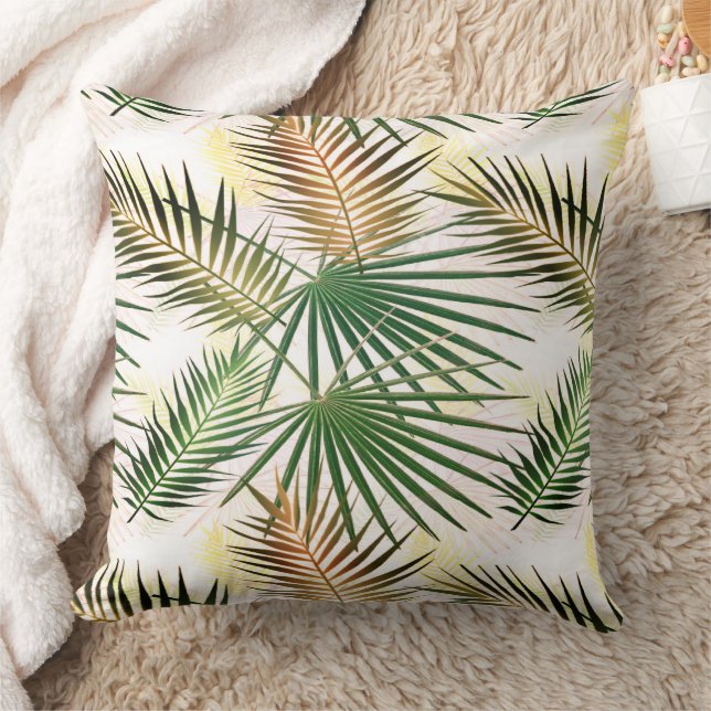 Summer Palm Leaves Green Tropical Jungle Pattern Throw Pillow (Blanket)
