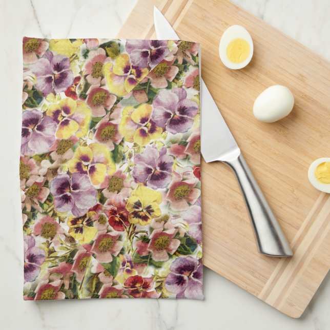 Summer pansies wildflower monogram kitchen towel (Quarter Fold)