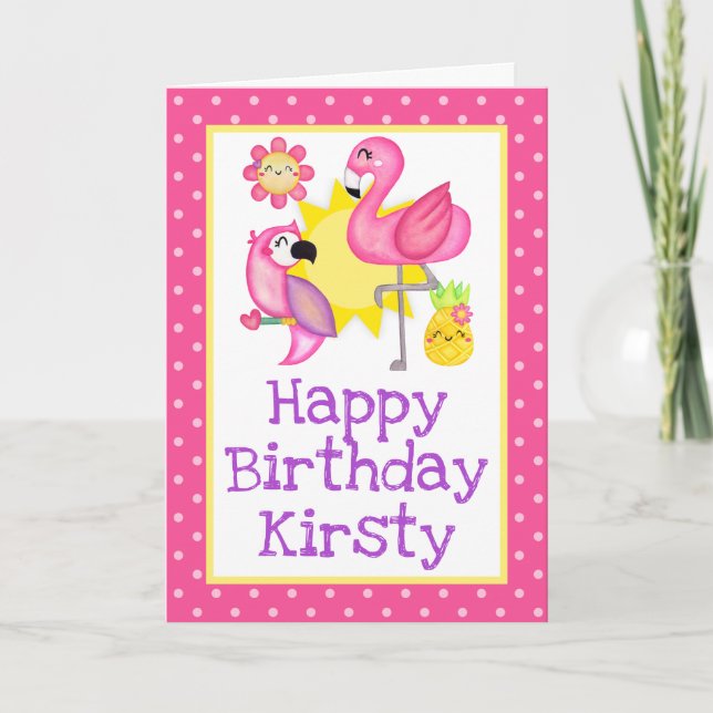 Summer Paradise Flamingo Parrot Birthday Card (Front)