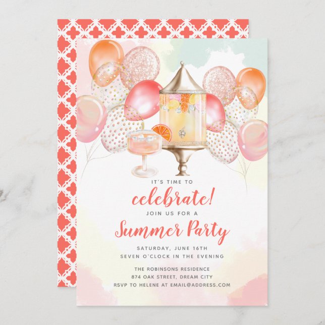 Summer Party Celebration Drink Balloons Invitation (Front/Back)