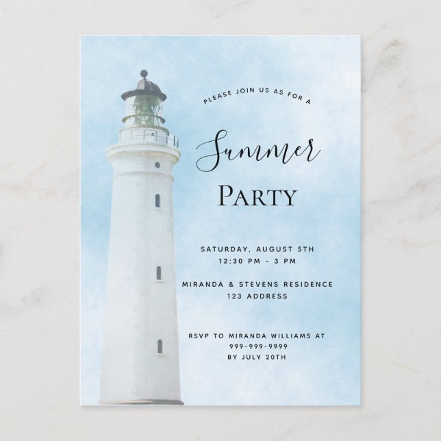 Summer party coastal beach lighthouse invitation postcard (Front)