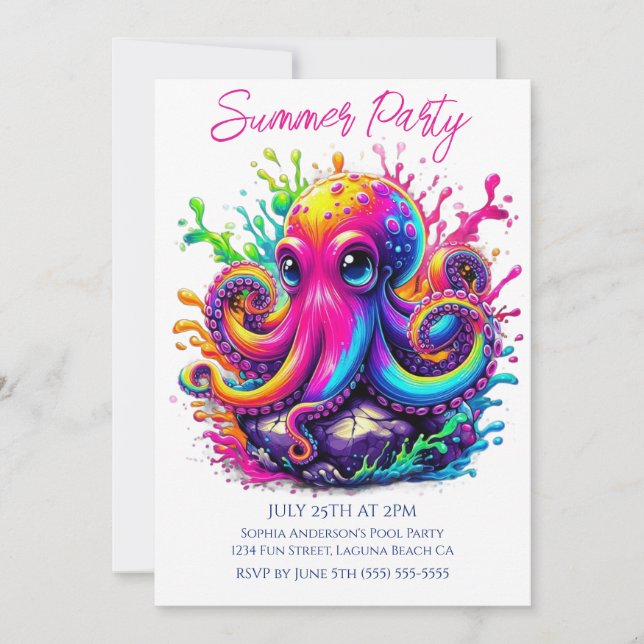 Summer Party- Colourful Octopus Splash Invitation (Front)
