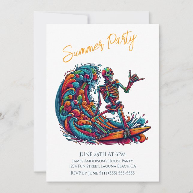 Summer Party- Colourful Skeleton Surfer Invitation (Front)