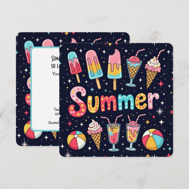 Summer Party Fun Graphics On Black Invitation (Front/Back)