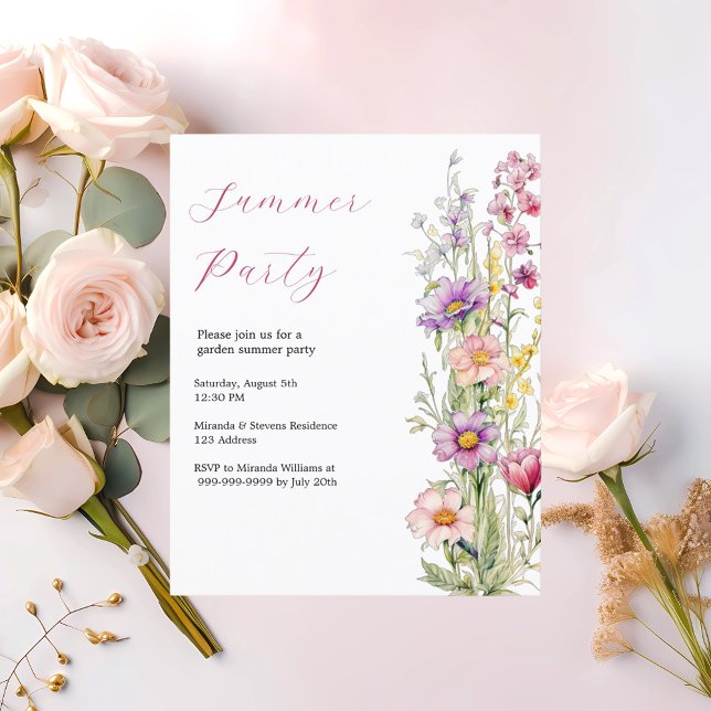 Summer party garden flowers pink purple invitation (Creator Uploaded)