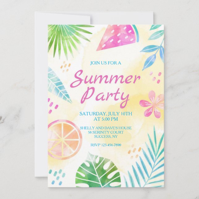 Summer Party Hand Painted Invitation (Front)