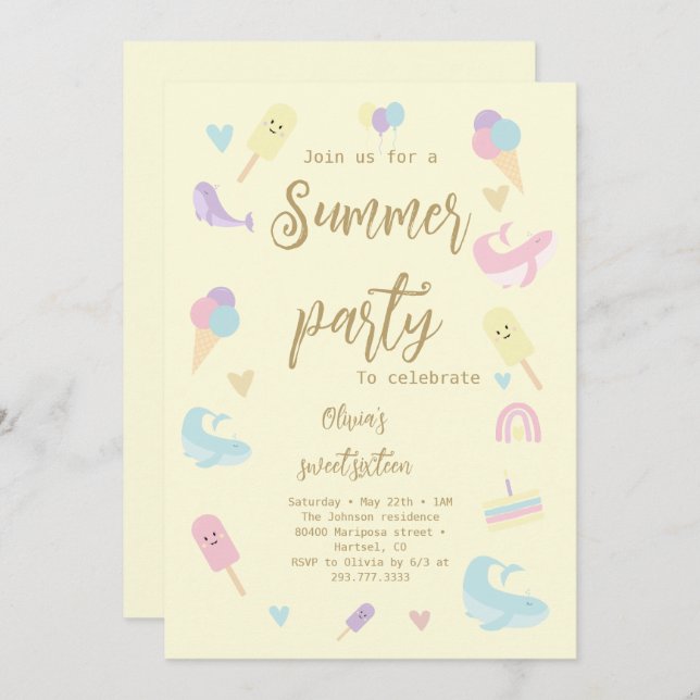 Summer Party Ice Cream Calligraphy Birthday Party Invitation (Front/Back)