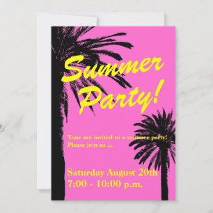 Summer party invitations neon pink and palm trees