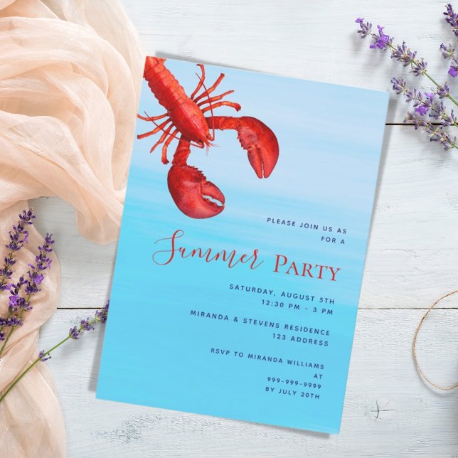 Summer party red lobster blue sea beach invitation (Creator Uploaded)