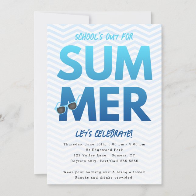 Summer Party, School's Out Blue Ombre Invitation (Front)