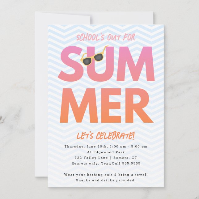 Summer Party, School's Out Pink Orange Ombre Invitation (Front)