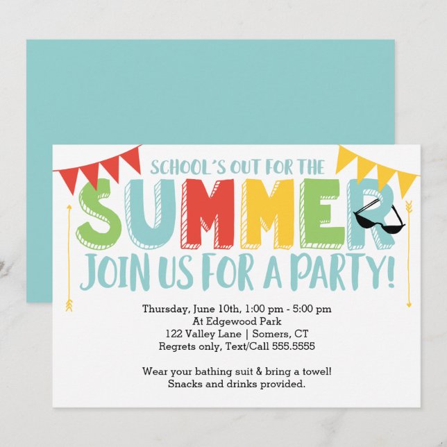 Summer Party, School's Out Primary Colours Invitation (Front/Back)