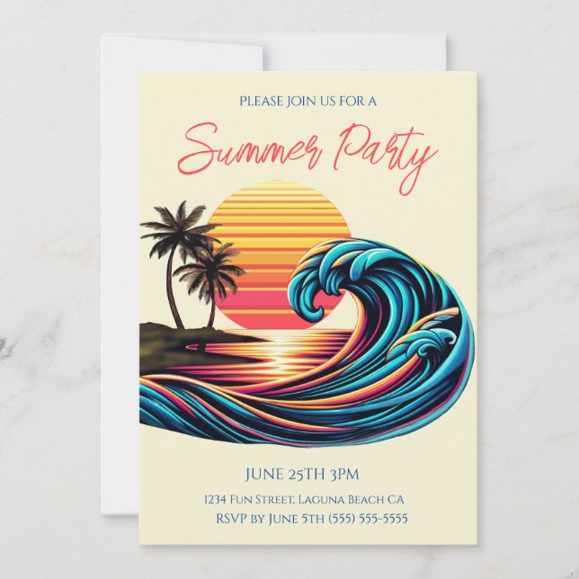Summer Party- Sunset Retro Surf Wave Invitation (Front)