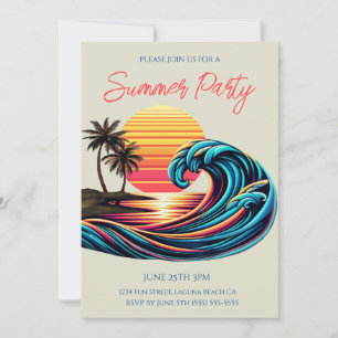 Summer Party- Sunset Retro Surf Wave Invitation