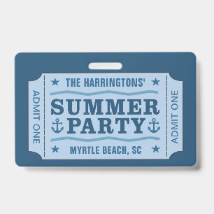 "Summer Party Ticket" custom text badges