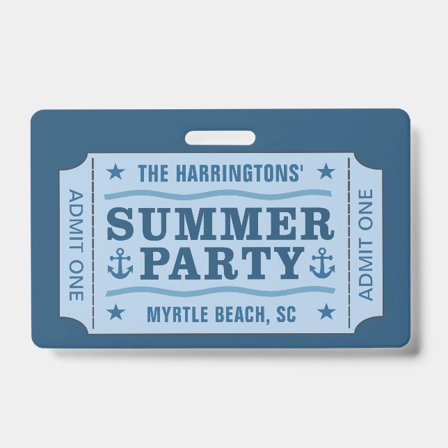 "Summer Party Ticket" custom text badges (Front)