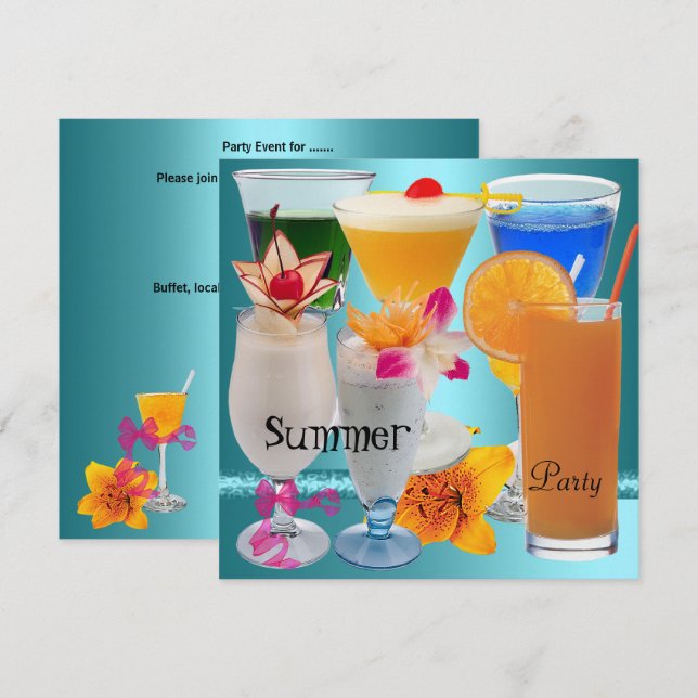 Summer Party Tropical Blue Teal Cocktail Drinks Invitation (Front/Back)