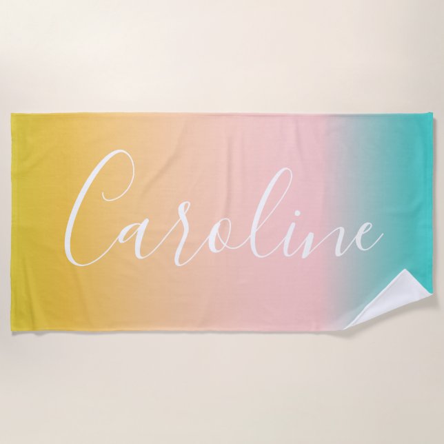 Summer Pastel Gradient | Personalized Script Name  Beach Towel (Front)