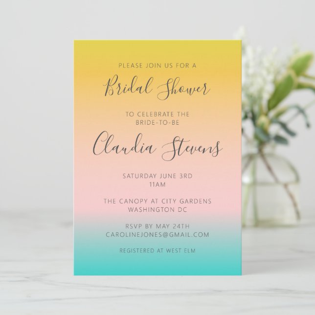 Summer Pastel Ombre Sunset Tropical Bridal Shower Invitation (Standing Front)
