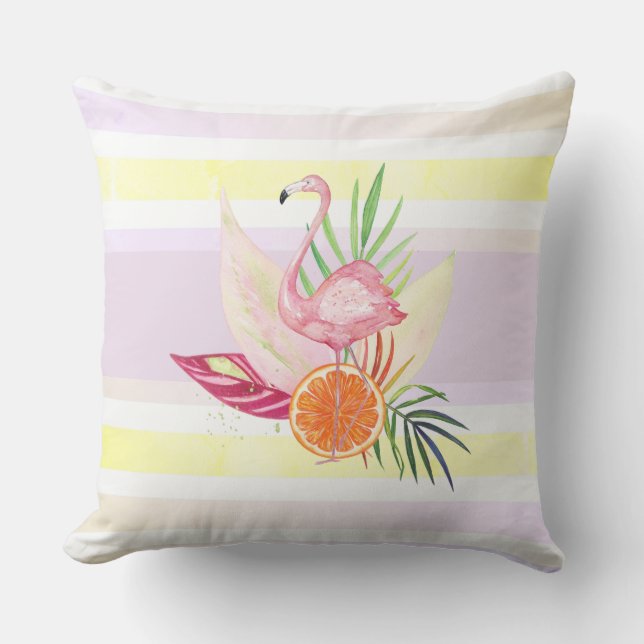 Summer Pastel Stripe, Flamingo, Tropical Outdoor Pillow (Front)