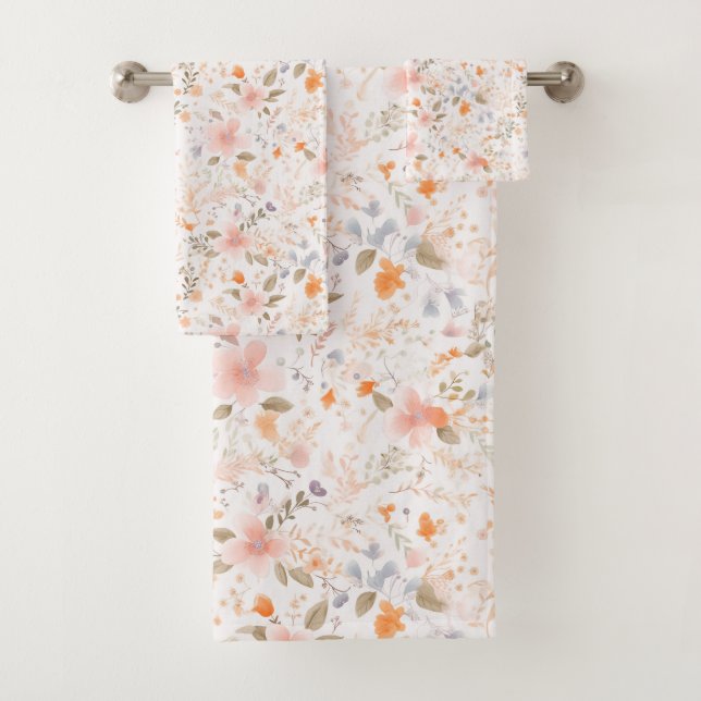 Summer Pastel Watercolor Flowers Bath Towel Set (Insitu)
