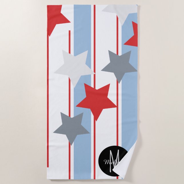Summer Patriotic Vertical Stripes and Stars Beach Towel (Front)