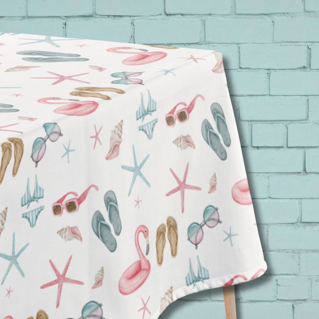 Summer Pattern Beach Tablecloth (Teal Pink Watercolor Shell Coastal Summer Beach Tablecloth)