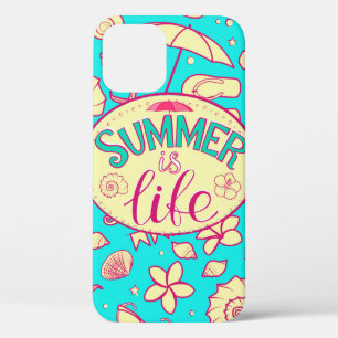 Summer pattern on turquoise background: umbrella,s iPhone 12 case