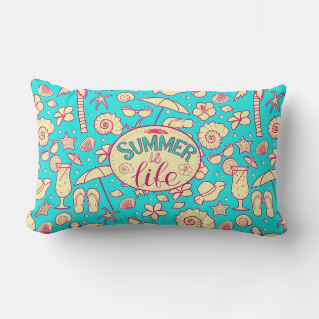 Summer pattern on turquoise background: umbrella,s lumbar pillow (Front)