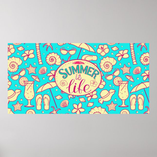 Summer pattern on turquoise background: umbrella,s poster (Front)