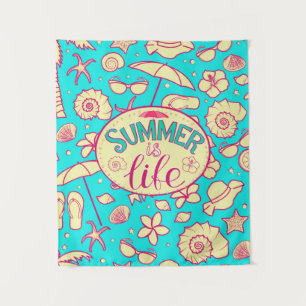 Summer pattern on turquoise background: umbrella,s tapestry