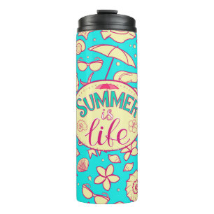 Summer pattern on turquoise background: umbrella,s thermal tumbler