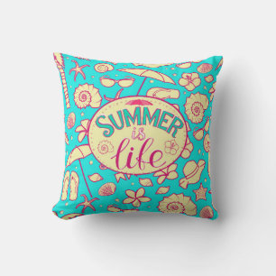 Summer pattern on turquoise background: umbrella,s throw pillow