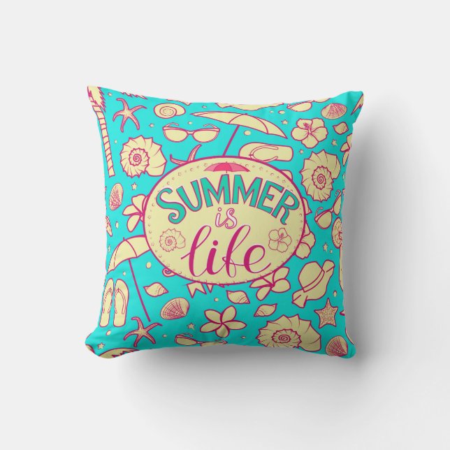 Summer pattern on turquoise background: umbrella,s throw pillow (Front)