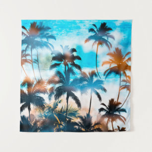 Summer pattern, tropical trees, sky. tapestry