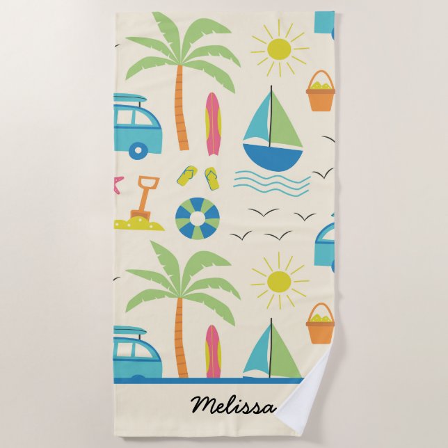 Summer Pattern with Palm tree sun and boats custom Beach Towel (Front)