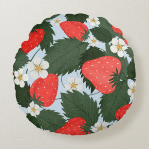 Summer pattern with strawberries. Strawberries lea Round Pillow