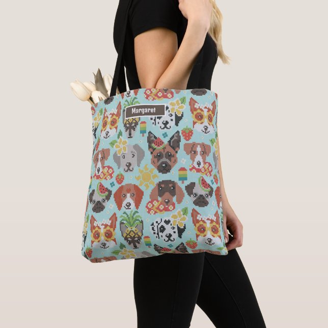 Summer pawsing // cross stitch dog breeds tote bag (Close Up)