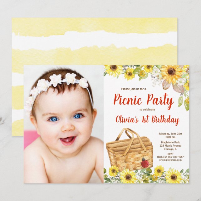 Summer picnic in the park sunflowers photo invitation (Front/Back)