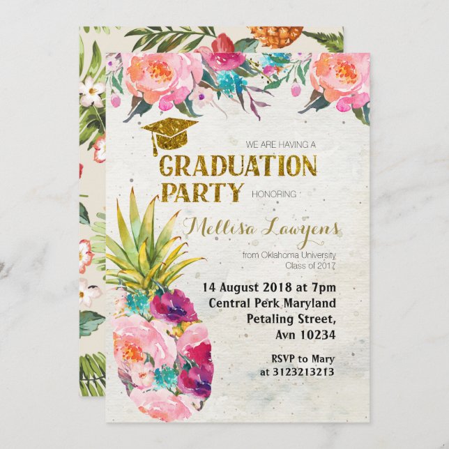 Summer Pineapple Graduation Party Invitation (Front/Back)