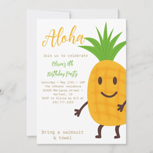 Summer Pineapple Tropical Aloha Birthday Party  Invitation (Front)