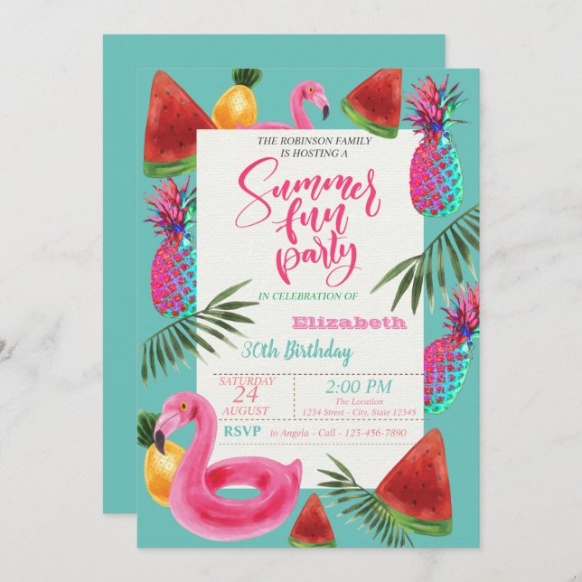 Summer, Pineapple, Watermelon Birthday Party Invitation (Front/Back)