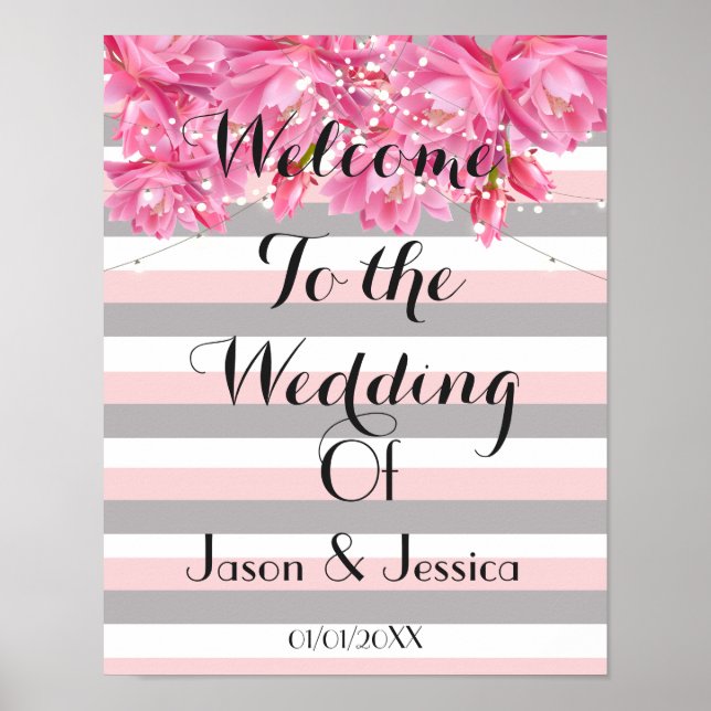 Summer pink and grey stripes Floral Lace wedding Poster (Front)