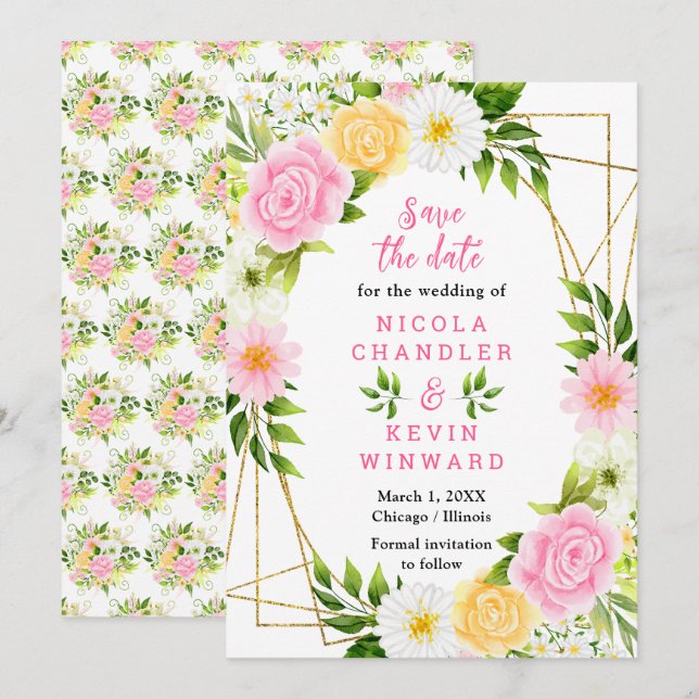 Summer Pink and Yellow Flowers and Foliage Wedding Save The Date (Front/Back)