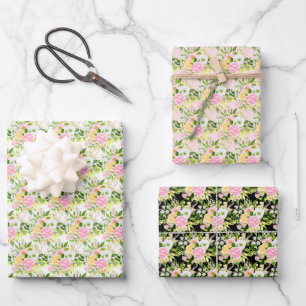 Summer Pink and Yellow Flowers and Foliage Wrapping Paper Sheet