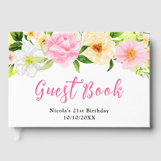 Summer Pink and Yellow Flowers Birthday  Guest Book (Front)