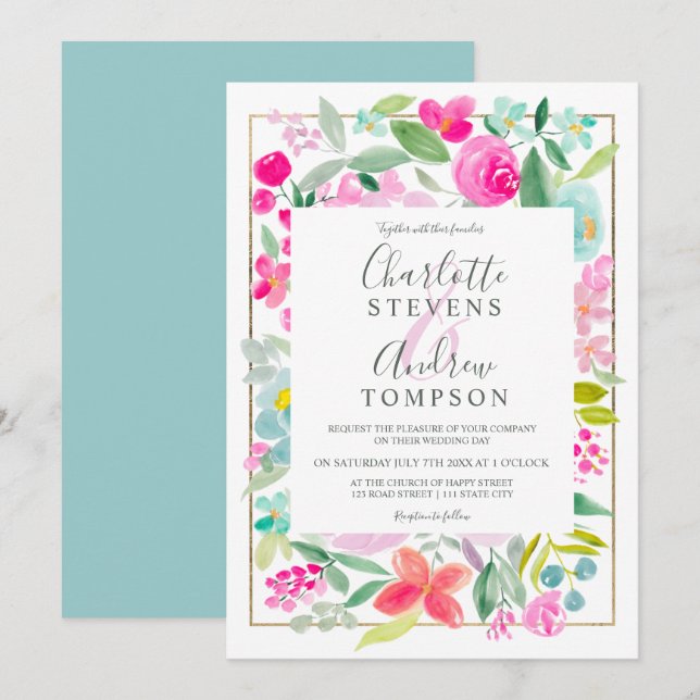 Summer pink blue floral watercolor wedding invitation (Front/Back)
