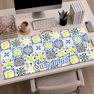Summer Pink Blue Sicilian Majolica Citrus Tile Desk Mat