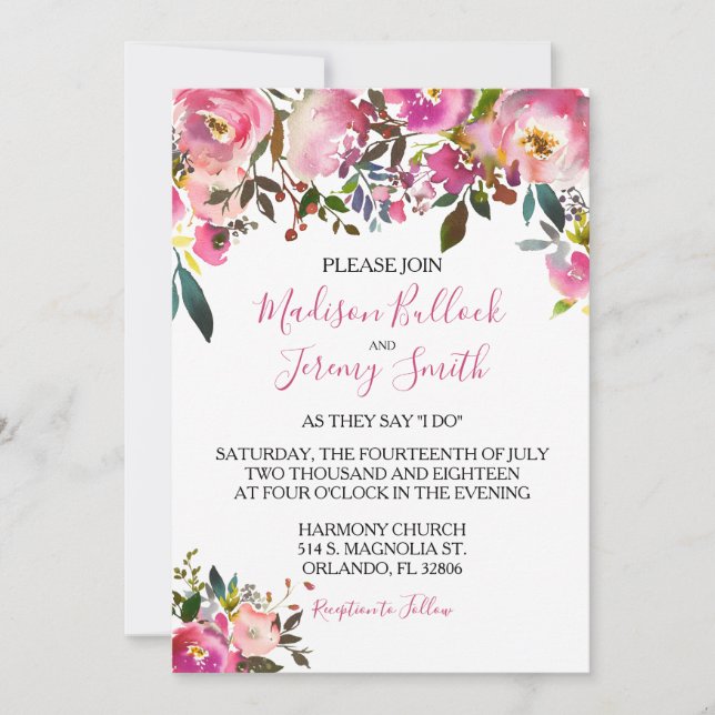 Summer Pink Floral Wedding Invitation (Front)