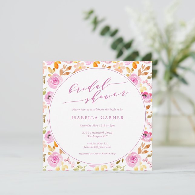 Summer Pink Girly Watercolor Floral Bridal Shower  Invitation (Standing Front)